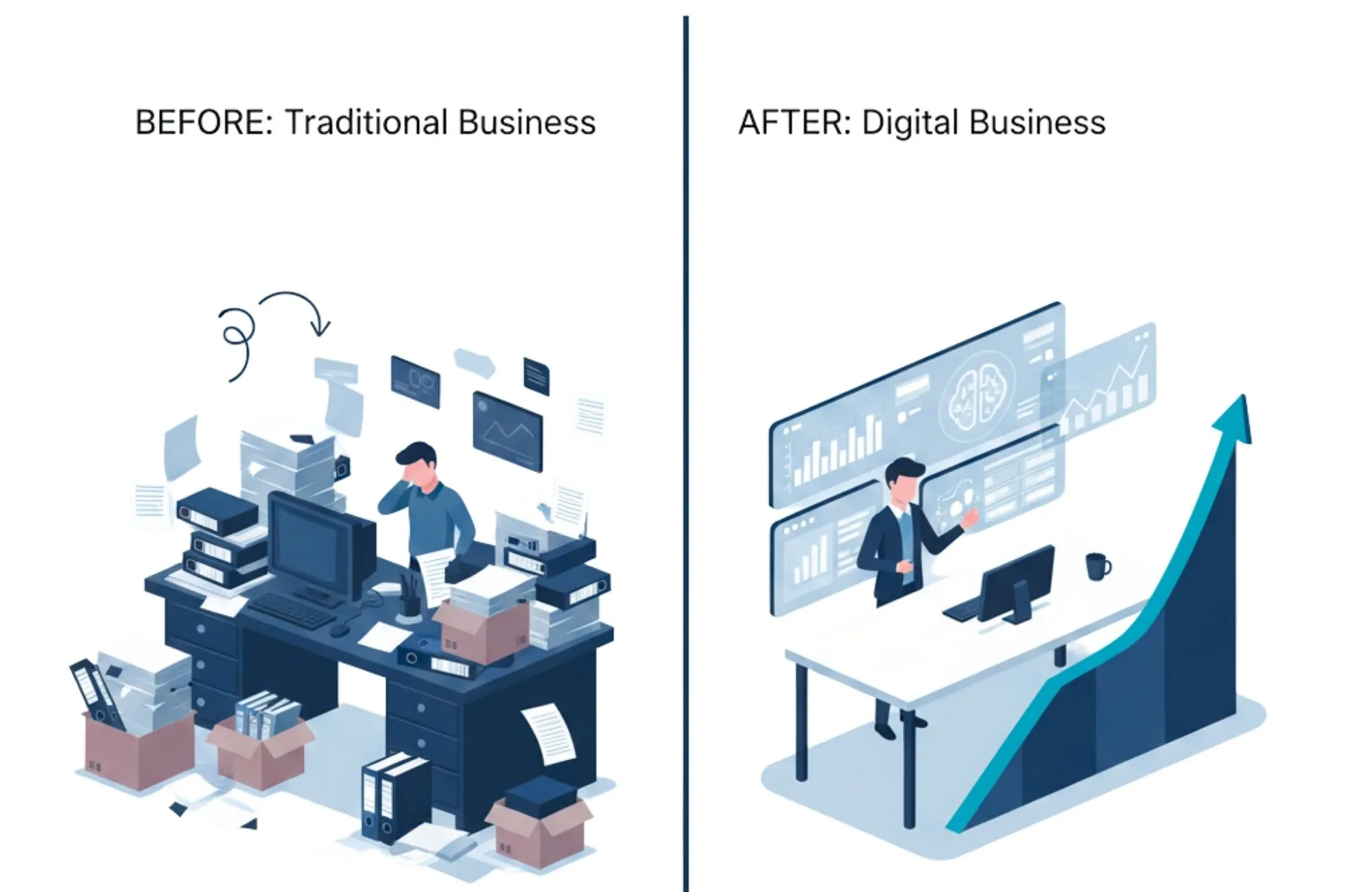 Comparison of traditional vs digital business growth with technology adoption chart.