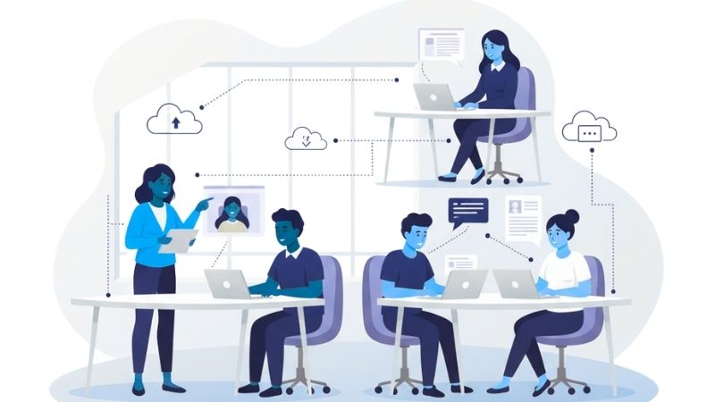 Infographic showing icons for time-saving, teamwork, data protection, and eco-friendliness.