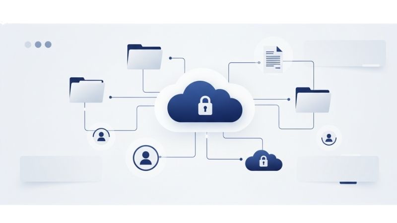 Cloud dashboard displaying encrypted digital folders for secure document management.