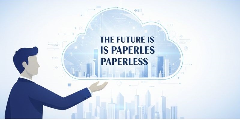 Futuristic office setup with documents flowing into a glowing cloud.