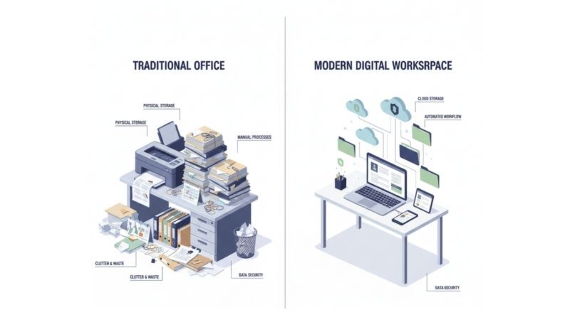 A cluttered desk full of papers beside an organized digital workspace on a computer screen.