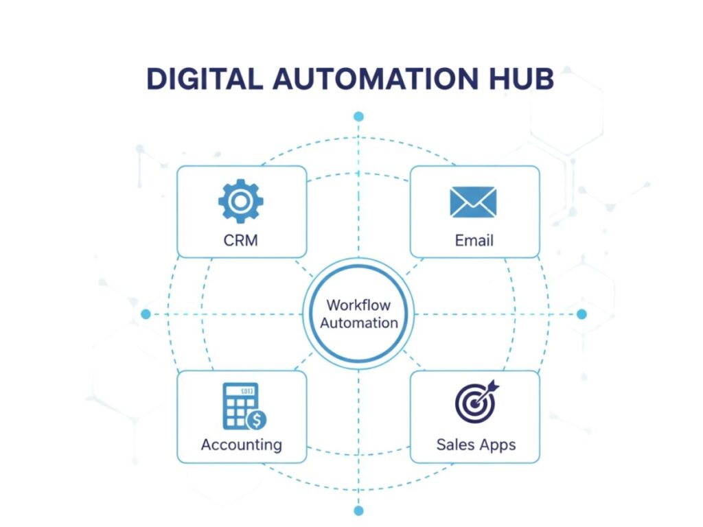 Icons showing CRM, payroll, marketing automation, and data analytics tools.