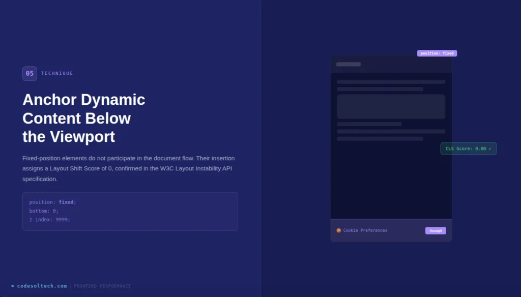 Frontend Performance: Reducing CLS (Cumulative Layout Shift) to Zero 8 Technique 5: Anchor Dynamic Content Below the Viewport