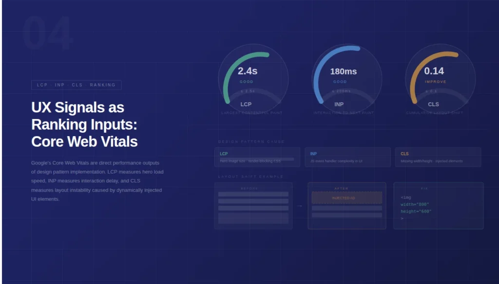 Search Engines & Design Patterns: How Layout and UX Signals Drive Googlebot Crawl Efficiency 9 UX Signals as Ranking Inputs: Core Web Vitals and Design Pattern Correlation
