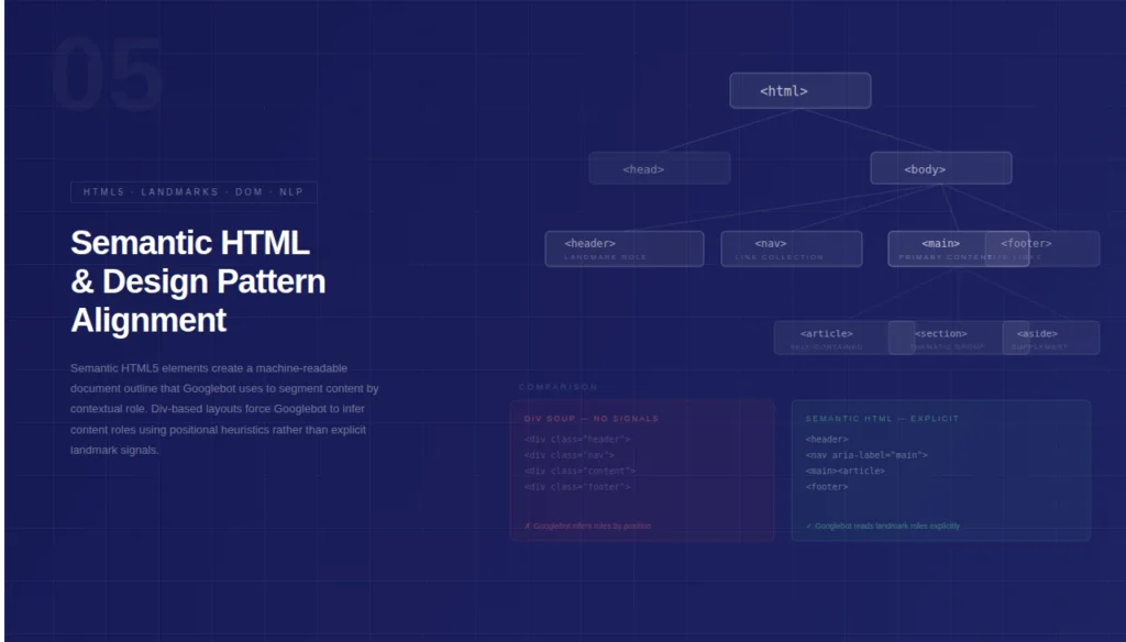 Search Engines & Design Patterns: How Layout and UX Signals Drive Googlebot Crawl Efficiency 10 Semantic HTML and Design Pattern Alignment