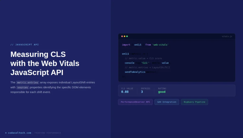 Frontend Performance: Reducing CLS (Cumulative Layout Shift) to Zero 12 Measuring CLS Improvements: The Web Vitals JavaScript API