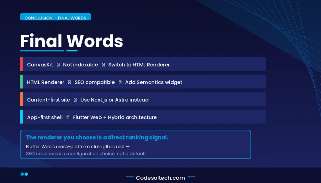 Flutter for Web SEO Readiness: Rendering Architecture, Crawlability, and Cross-Platform Tradeoffs 11 Flutter Web SEO: Final Words