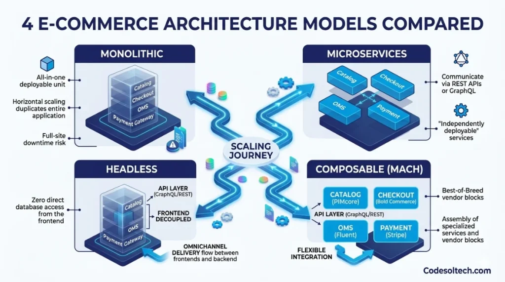 E-commerce Development Architecture: How Catalog, Checkout, OMS, and Payment Systems Work Together 3 4 E-commerce Architecture Models Compared