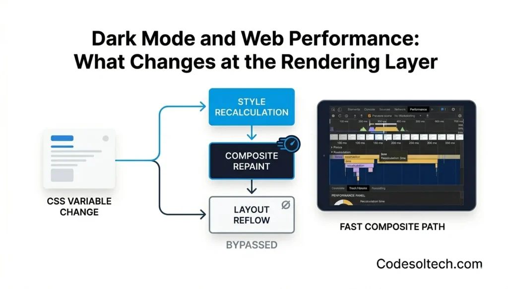 Dark Mode Technical Implementation: CSS Variables, User Preference & System Theme Detection 6 Dark Mode and Web Performance What Changes at the Rendering Layer