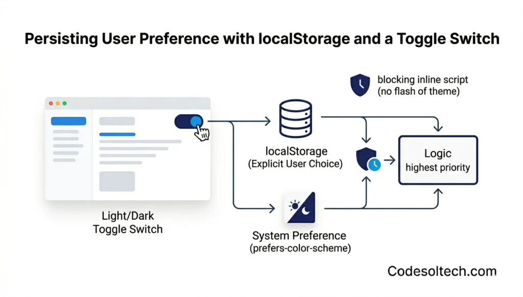 Dark Mode Technical Implementation: CSS Variables, User Preference & System Theme Detection 4 Persisting User Preference with localStorage and a Toggle Switch