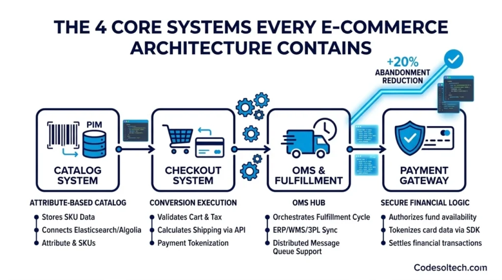 E-commerce Development Architecture: How Catalog, Checkout, OMS, and Payment Systems Work Together 2 The 4 Core Systems Every E-commerce Architecture Contains