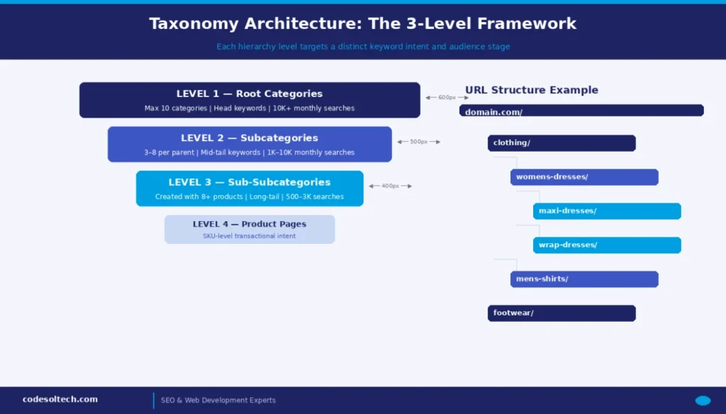 Category Hierarchy Optimization: Guide to Taxonomy, Navigation & Filters 3 Taxonomy Architecture: The 3-Level Framework