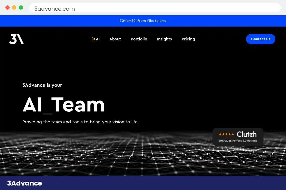 3Advance homepage hero section with AI Team headline and Clutch 5 star rating badge