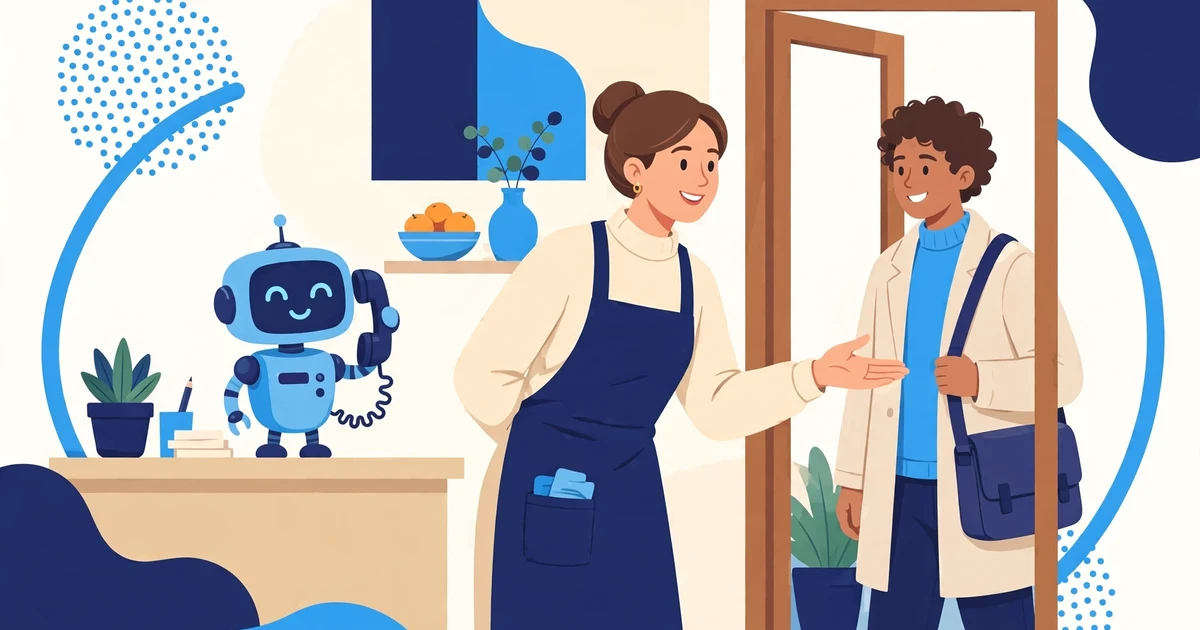 Human restaurant host greeting guests while a friendly robot assistant answers the telephone