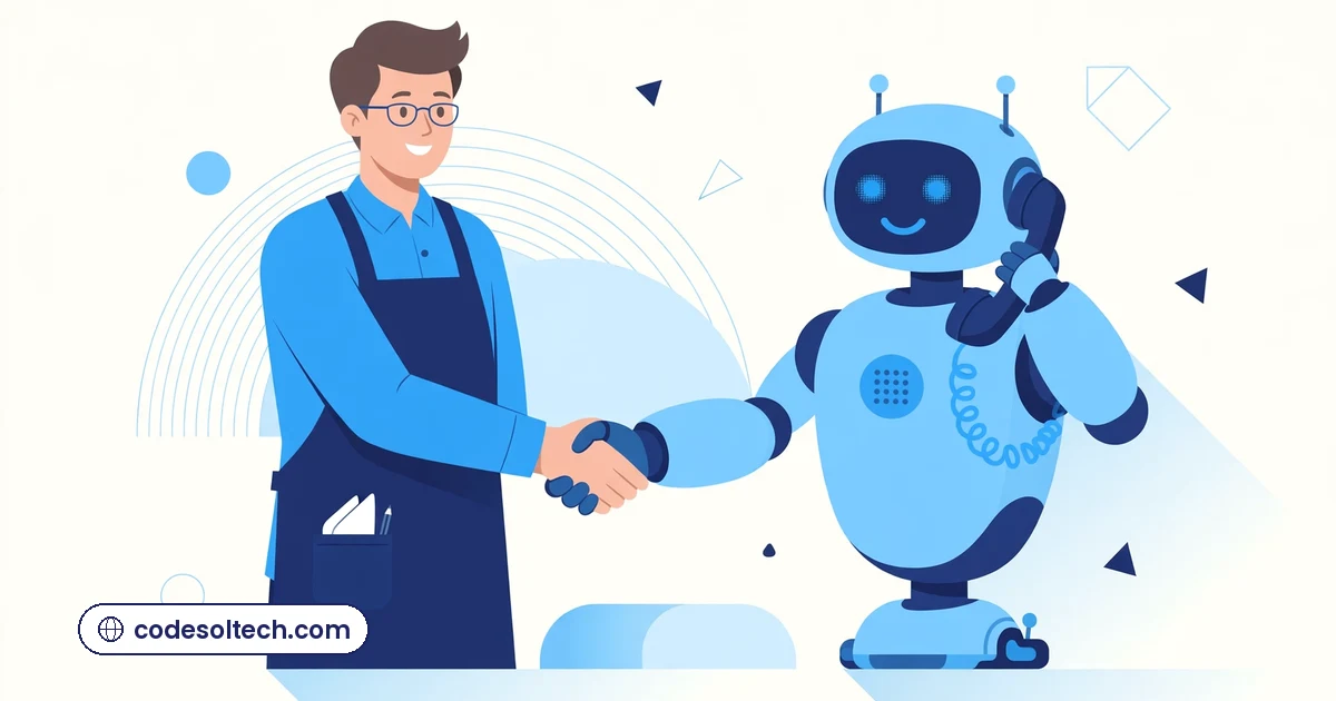 Human restaurant host and AI robot working together answering a telephone
