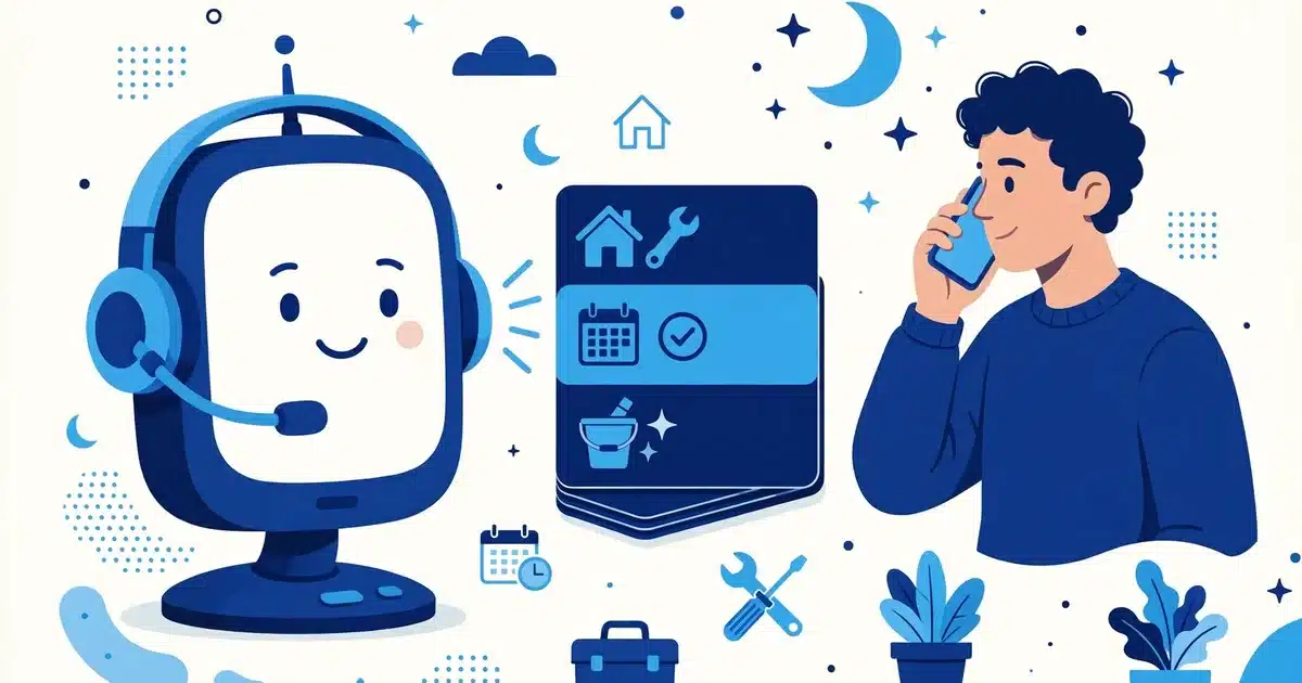 Flat illustration of an AI phone assistant answering calls for a home service business at night, with a homeowner on the phone and booked job cards