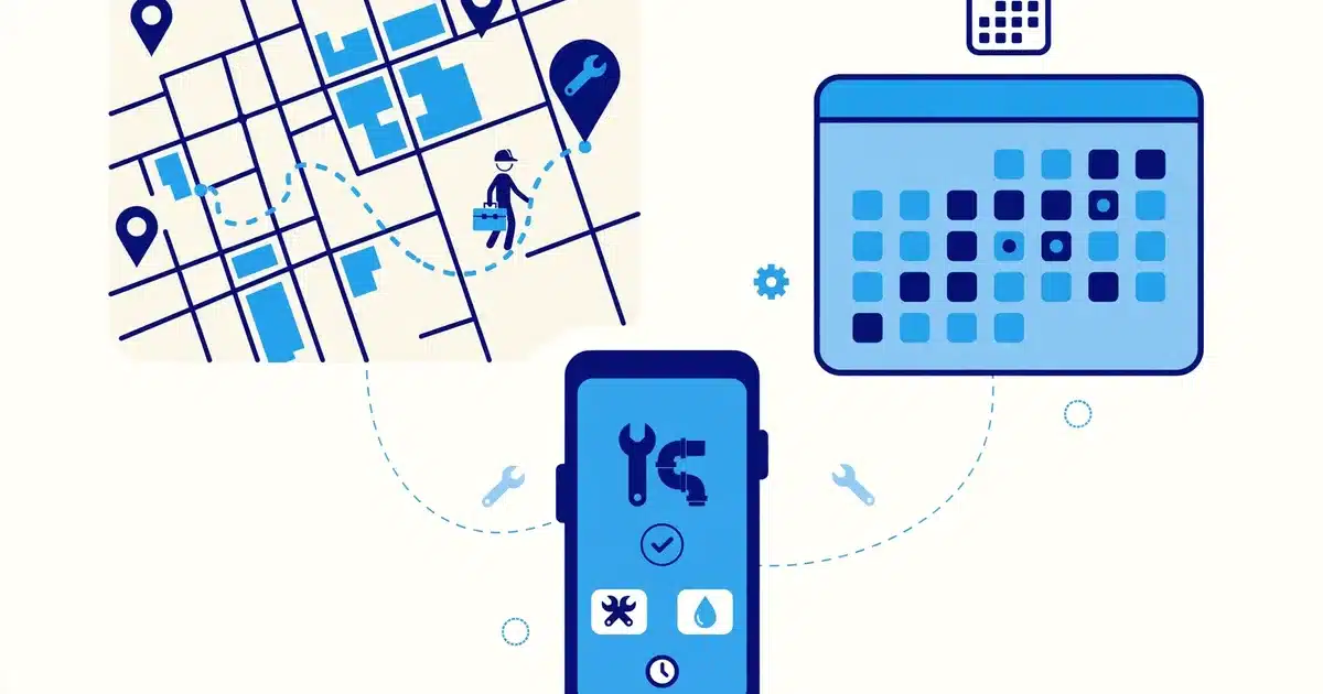Flat illustration of home service scheduling and dispatch, with a map route, a technician, a phone booking, and a calendar