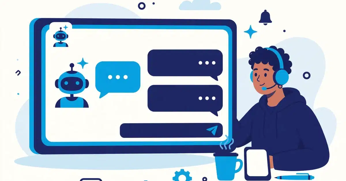 Illustration of an AI chatbot agent answering customer support messages beside a support agent with a headset