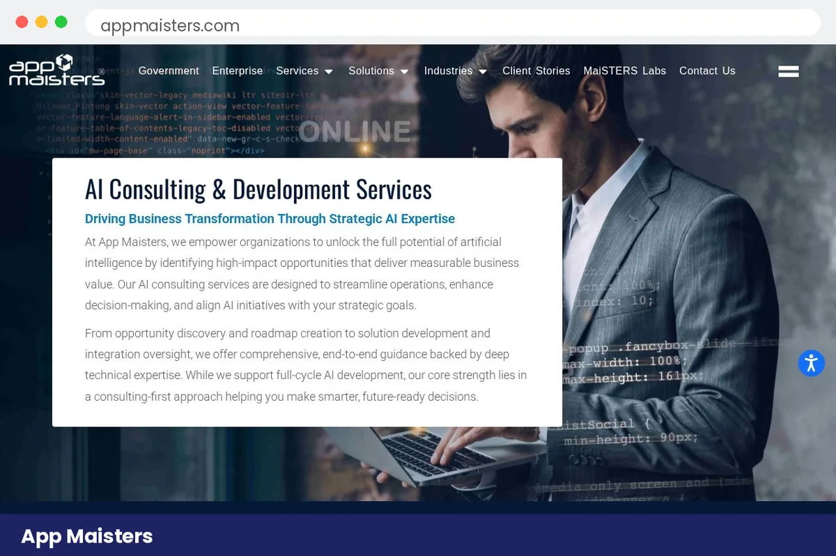 App Maisters AI consulting services page hero, Houston AI automation agency