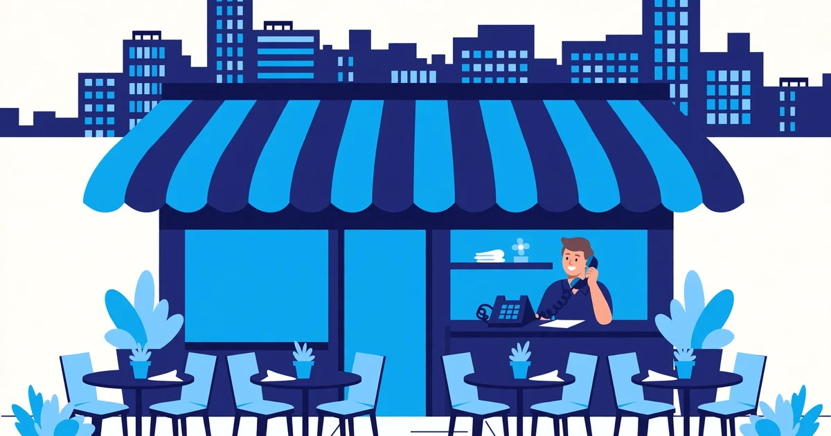 Texas restaurant storefront with patio and city skyline and a ringing telephone