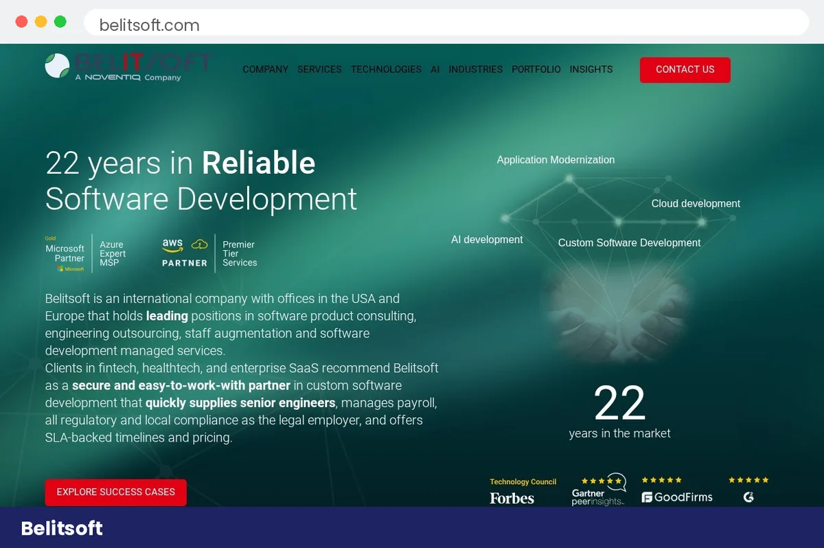 Belitsoft homepage hero section with 22 years in Reliable Software Development headline