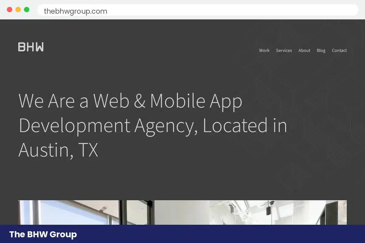 The BHW Group homepage hero section stating web and mobile app development agency located in Austin Texas