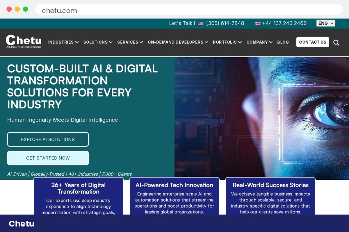 Chetu homepage hero section with Custom-Built AI and Digital Transformation Solutions headline