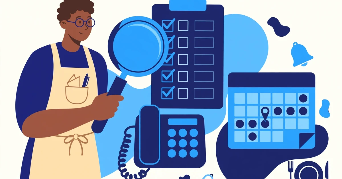 Restaurant owner reviewing an AI phone system checklist with a magnifying glass