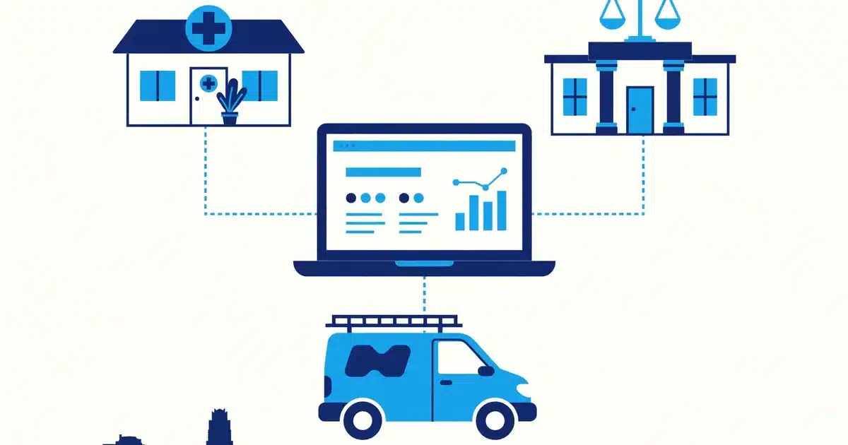 Flat illustration of a clinic, a law office, and a home service van connected by dotted lines to a central software dashboard on a laptop