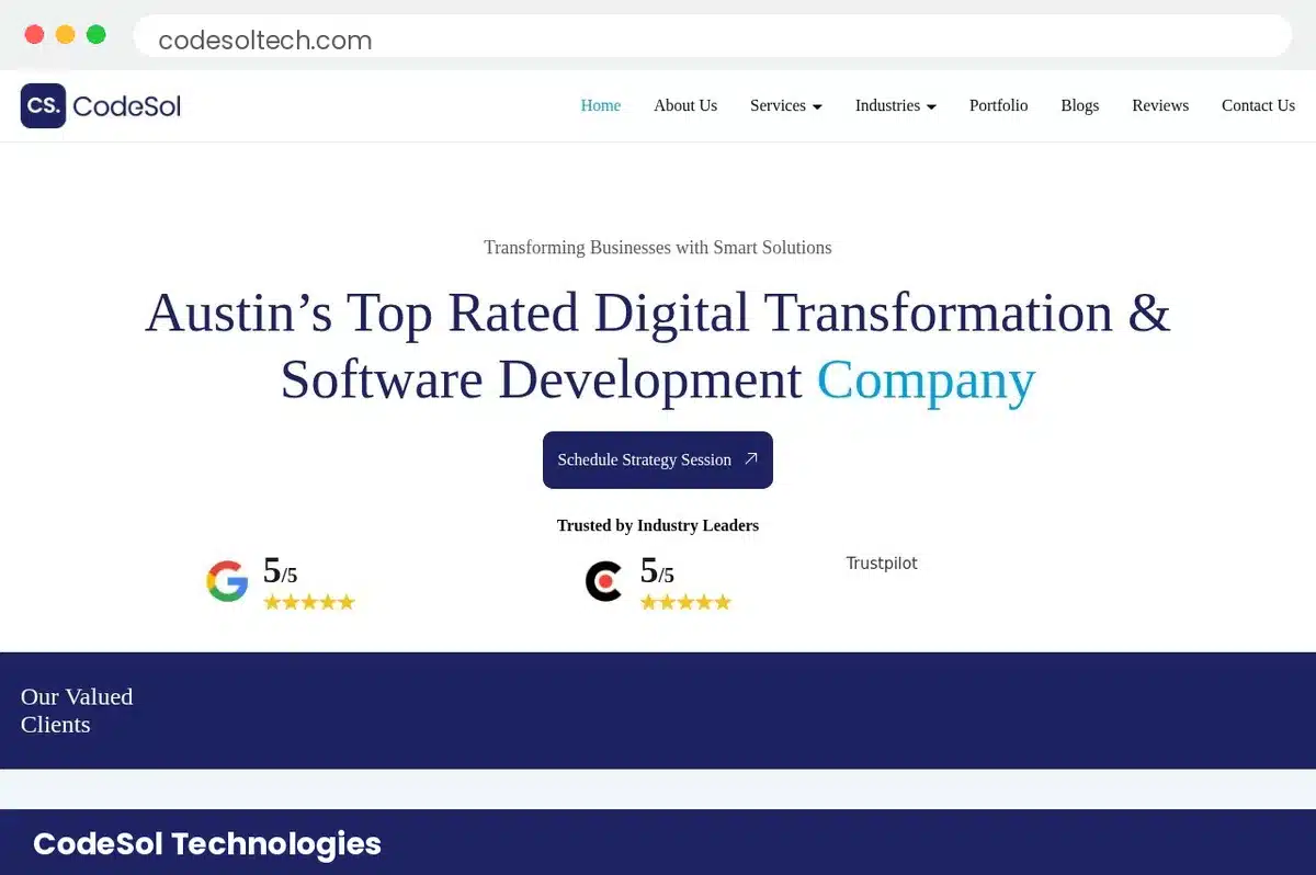 CodeSol Technologies homepage hero section with Austin digital transformation headline and 5 out of 5 Google and Clutch ratings