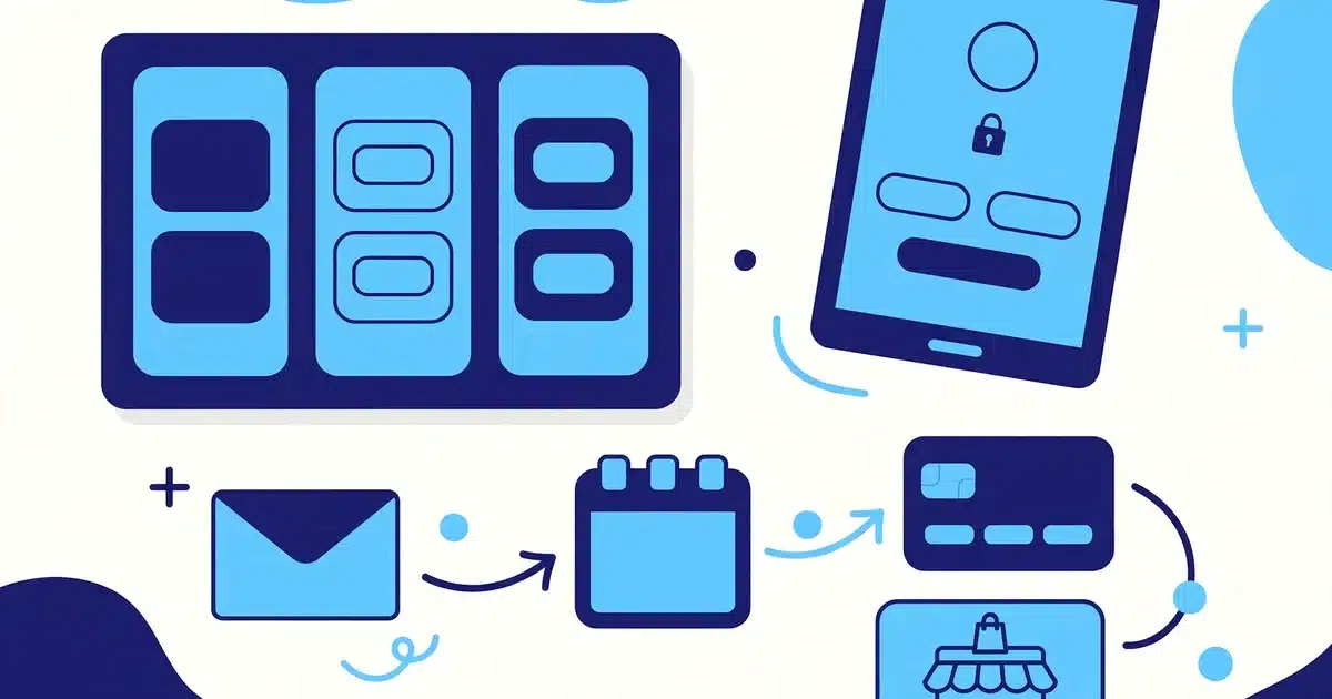 Flat illustration of custom software services, with a CRM pipeline board, a client portal on a tablet, and automation arrows linking email, calendar, and payments
