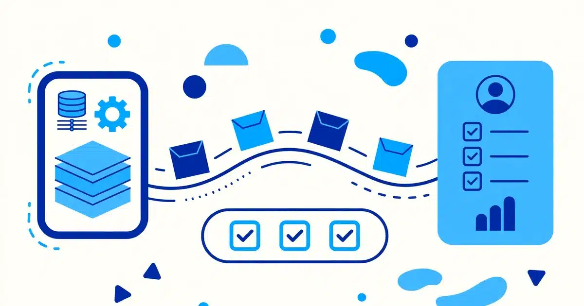 Flat illustration of data boxes moving from an old system to a new CRM platform