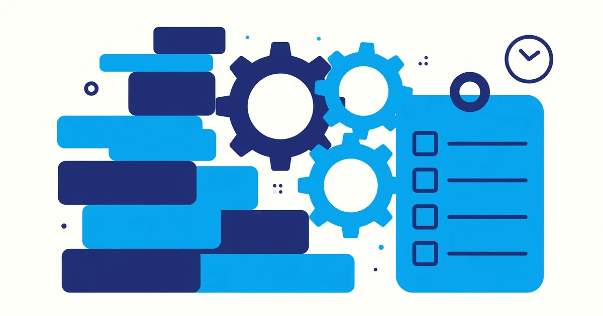 Illustration of gears, blocks, clock and checklist representing CRM pricing factors