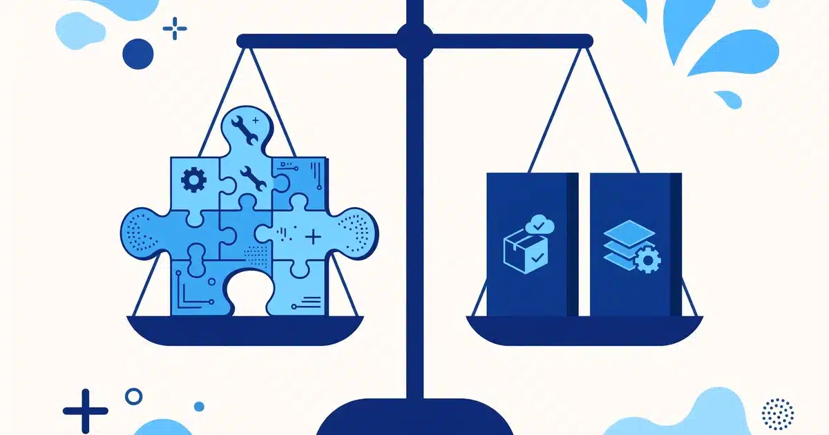 Flat illustration of a scale weighing a custom-built puzzle against ready-made software boxes