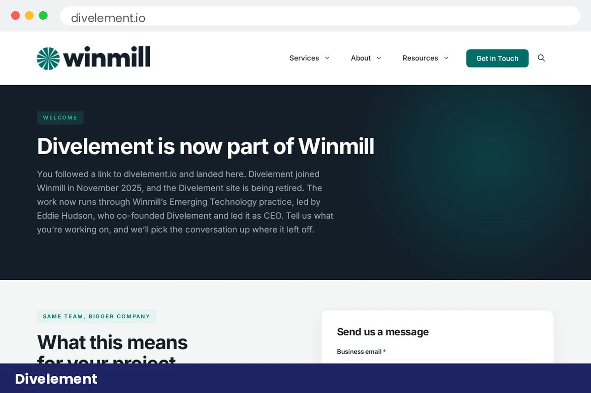 Divelement homepage announcing the Winmill merger, Austin AI automation agency