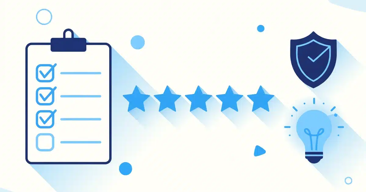 Checklist, five-star reviews, safety shield, and lightbulb for repeat electrical work
