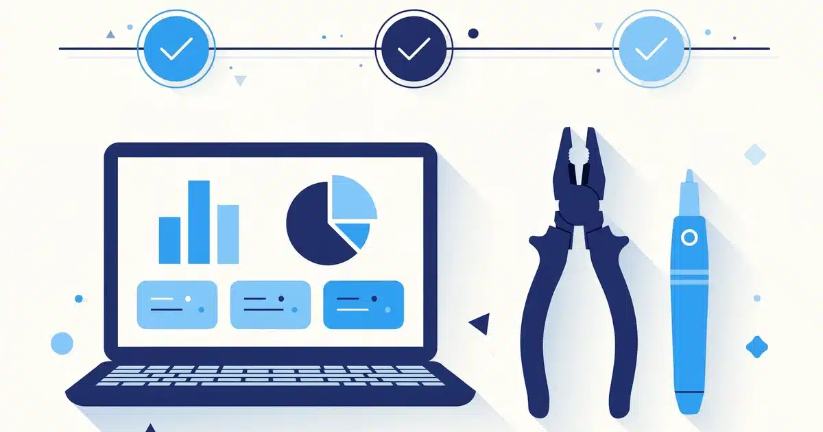 Rollout timeline with checkmarks, laptop dashboard, and electrician tools