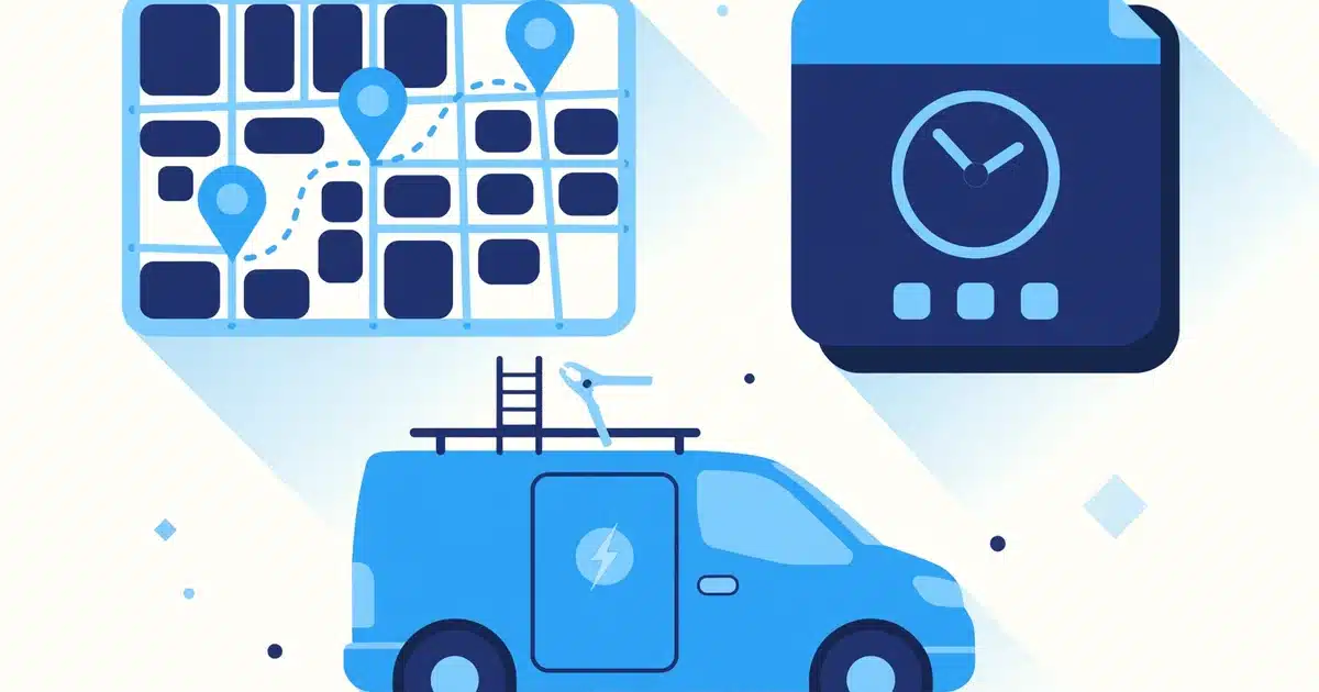 Route map with job pins, schedule calendar, and electrician service van