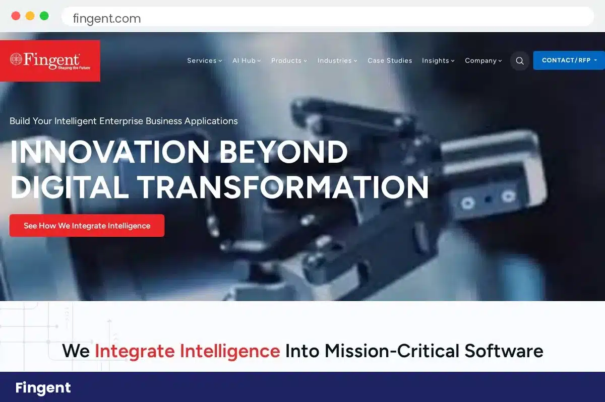 Fingent homepage hero section with Innovation Beyond Digital Transformation headline