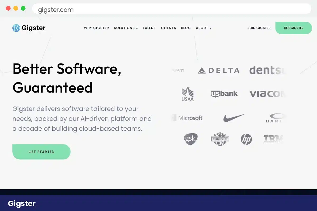 Gigster homepage hero section with Better Software Guaranteed headline and enterprise client logos