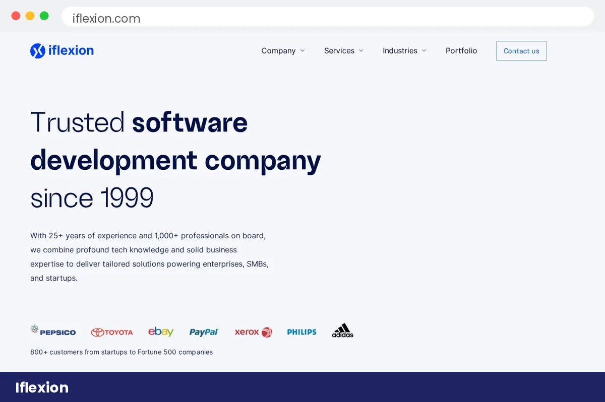Iflexion homepage hero section with Trusted software development company since 1999 headline