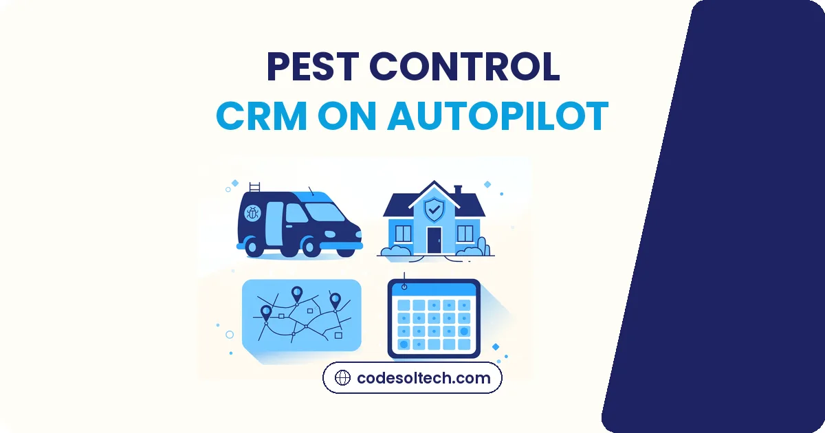 Pest control CRM illustration with service van, protected house, route map and calendar