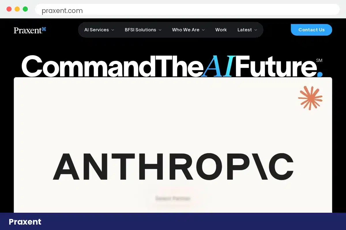 Praxent homepage hero section showing AI services navigation and Command The AI Future headline