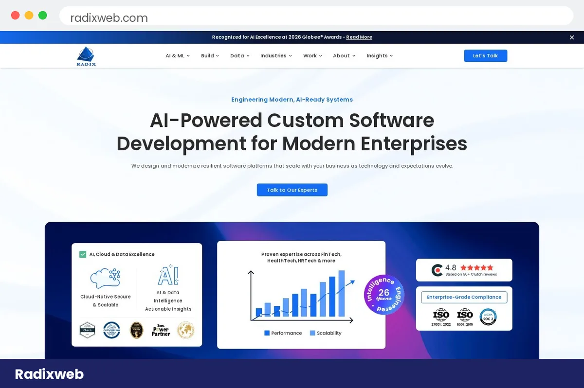 Radixweb homepage hero section with AI-Powered Custom Software Development headline