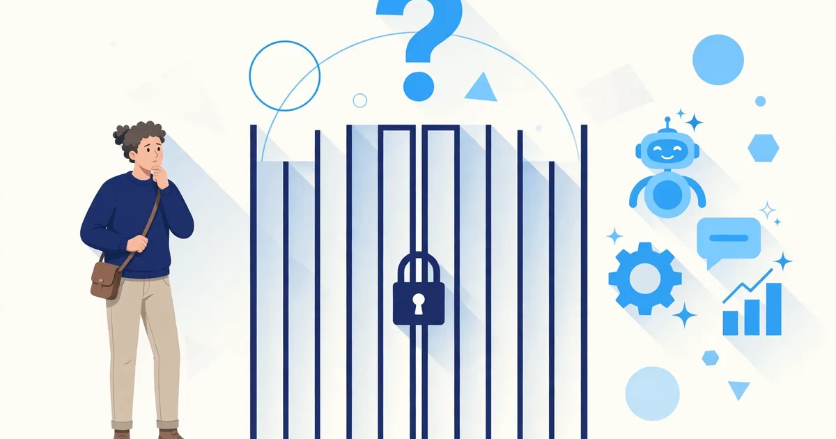 Small business owner hesitating before AI tools and locked gate