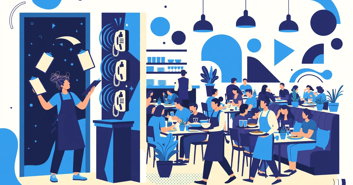 Busy restaurant dining room during dinner rush with ringing phones at the host stand