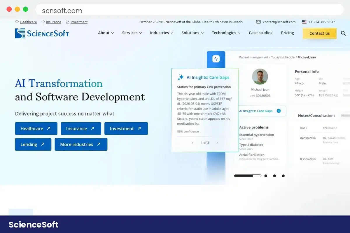ScienceSoft homepage hero section showing AI Transformation and Software Development headline