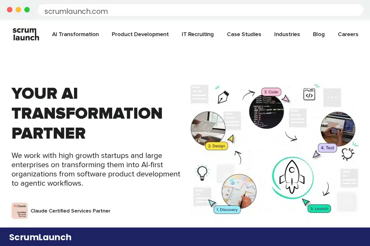 ScrumLaunch homepage hero section with Your AI Transformation Partner headline