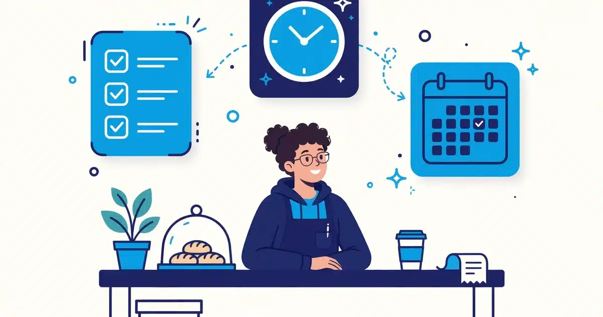 Illustration of a small business owner at a shop counter with automated checklists, a clock and a calendar