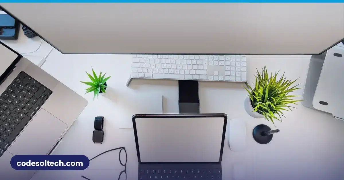 Modern tech workspace with laptop and desk tools